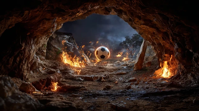 Soccer Ball in Cave Burning Flames Dramatic Scene