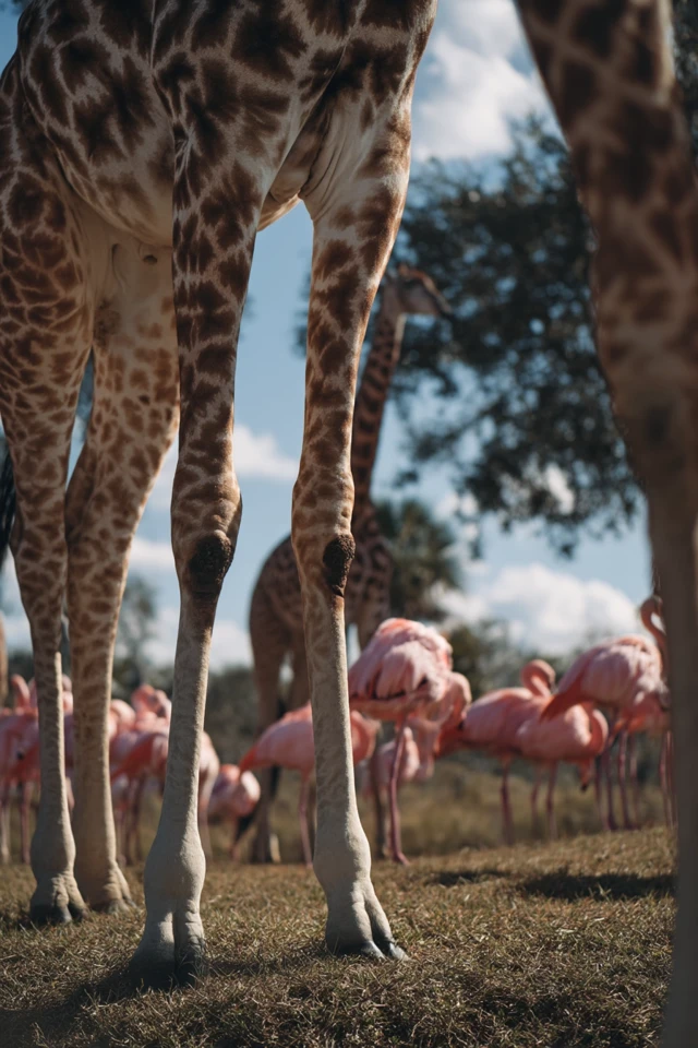 Giraffes and Flamingos in the Savanna Landscape