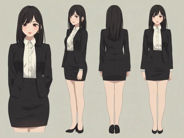 Japanese Anime Girl Character Sheet in Black Suit