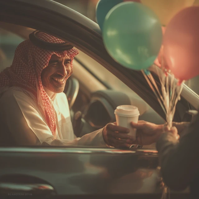 Saudi Man at Drive Thru Coffee Golden Hour Shot