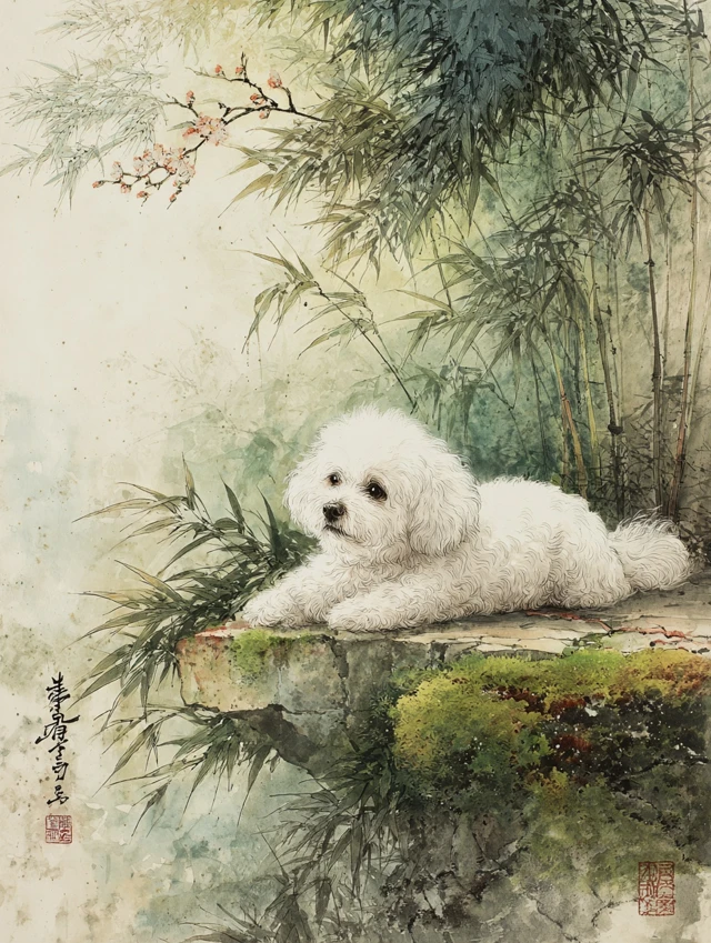 Chinese Ink Painting Bichon Frise in Misty Forest
