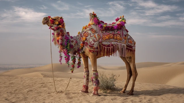 Decorated Camel in Desert Landscape