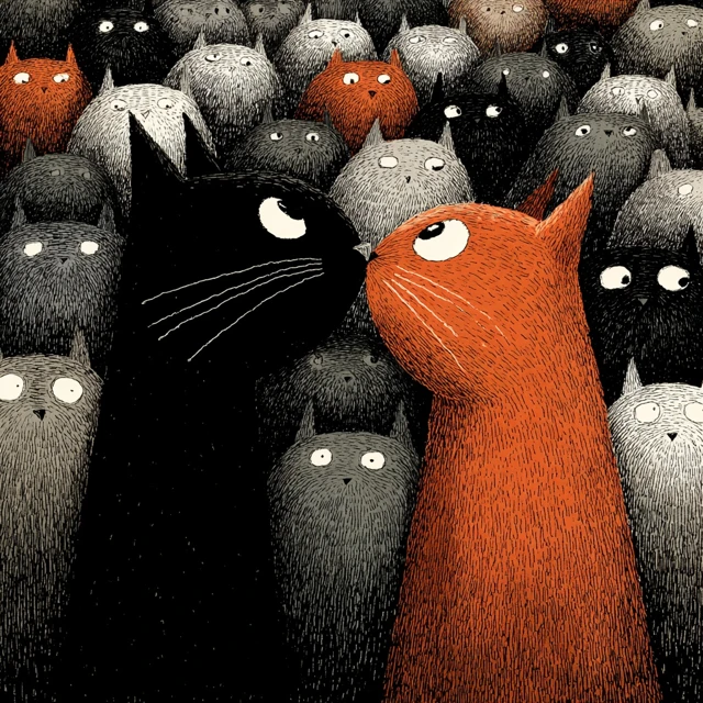 Cat Kissing Crowd Art Style