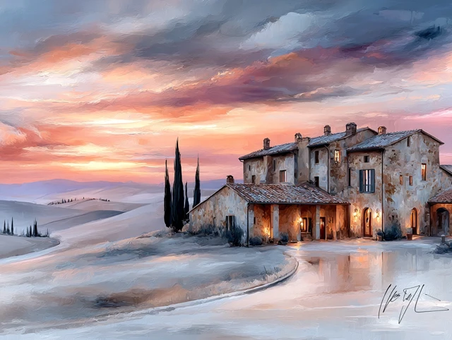 Tuscan Countryside Painting with Farmhouse and Sunset