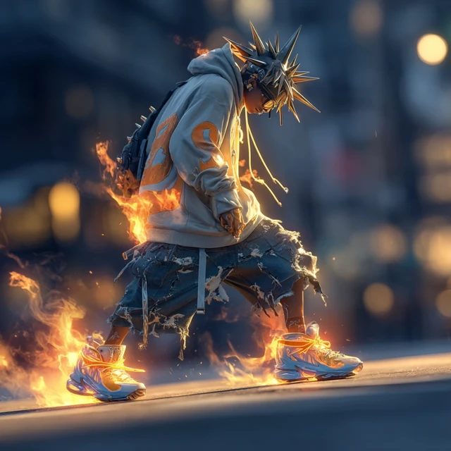 Anime Streetwear Character on Fire - 8K Ultra HD