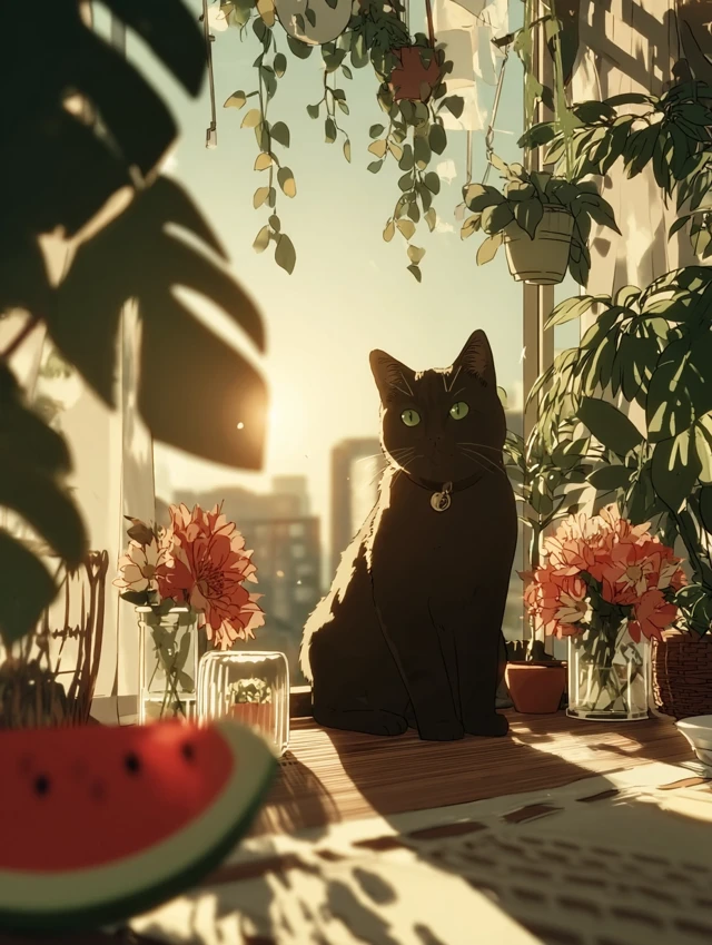 Cat Eating Watermelon Summer Scene
