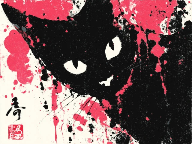 Cute Neko Cat Sumie Painting