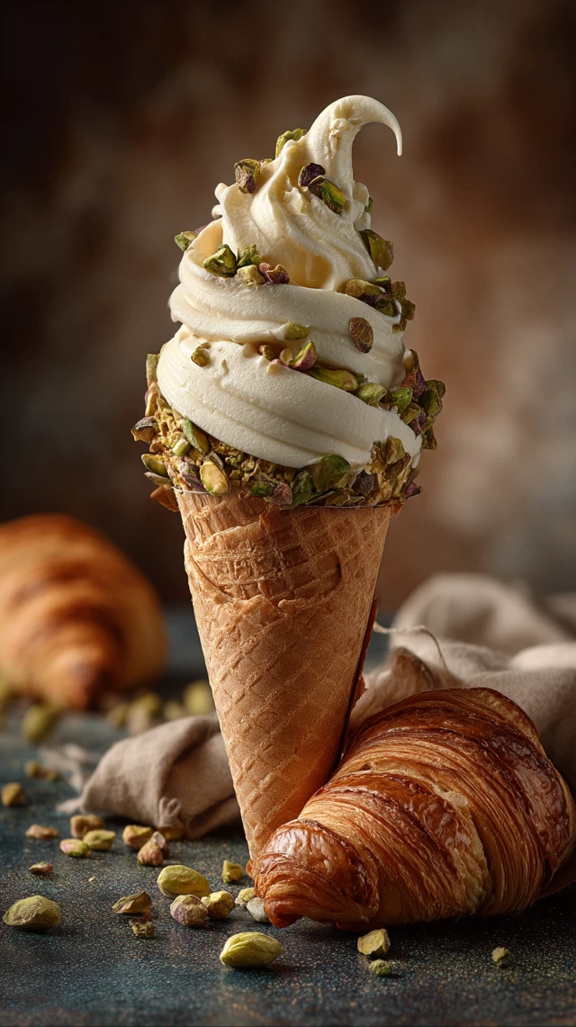 Vanilla Ice Cream Cone with Croissant and Pistachios