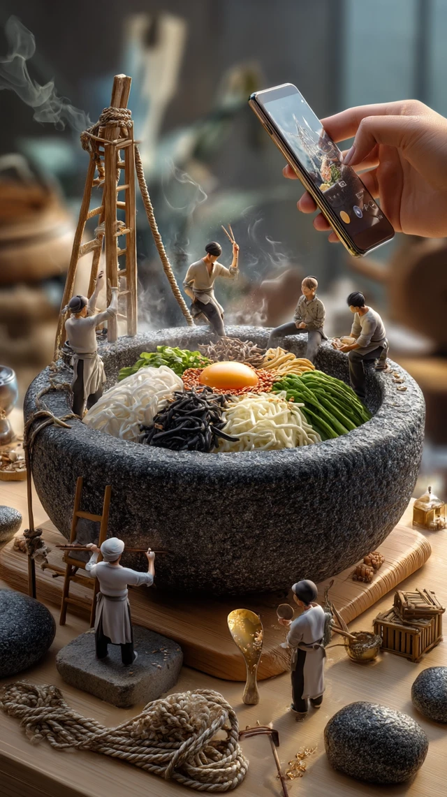 Bibimbap Feast Miniature People UltraRealistic Top View