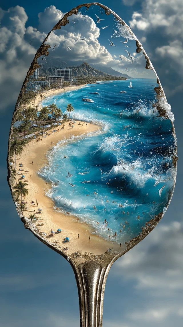 Magical Beach Scene in a Spoon Art Illustration