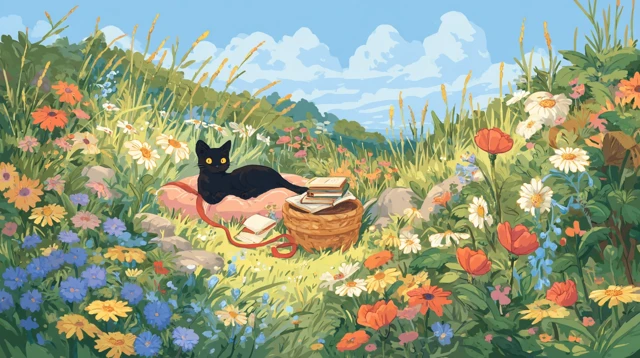 Dreamy Meadow Cat Illustration