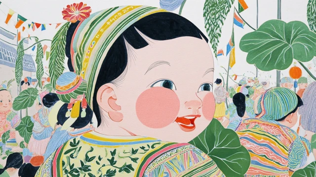Chinese Folk Painting Cute Girl in Green Town Bazaar