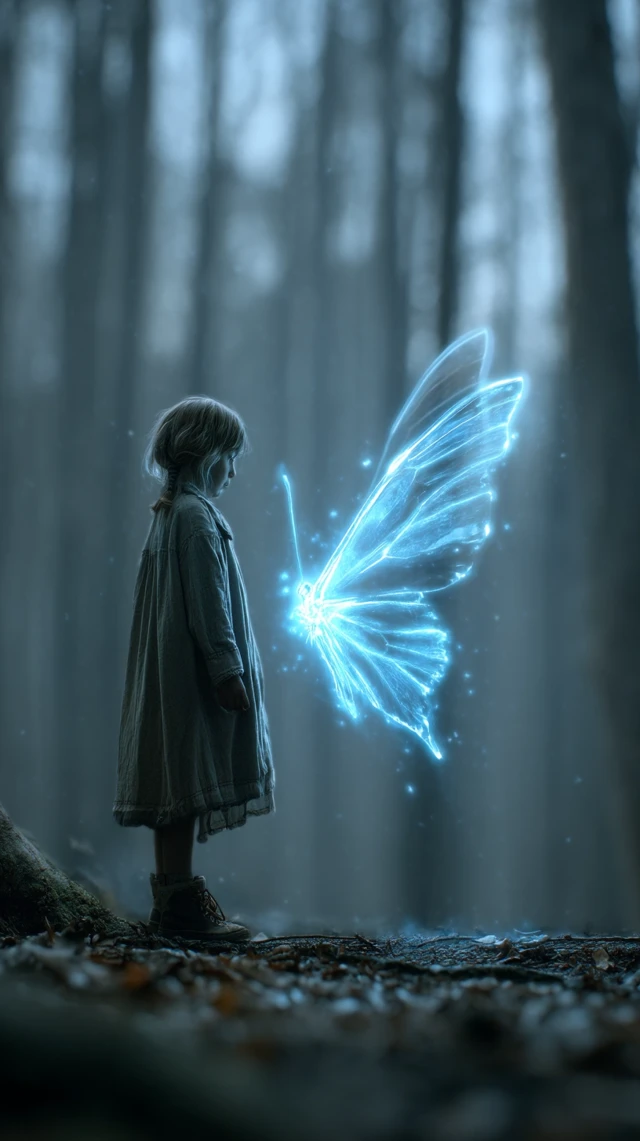 Magical Forest Encounter Girl and Bioluminescent Butterfly