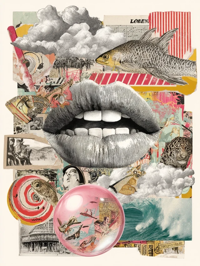 Collage Art: Lips Blowing Miniature Worlds