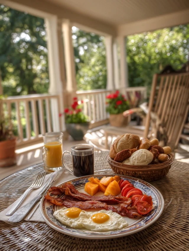 Luxury Breakfast on Porch Bacon and Eggs