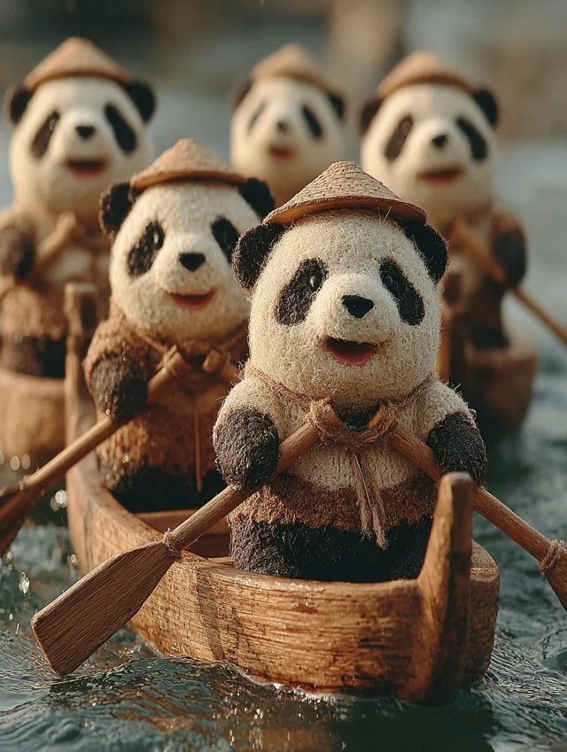 Panda Dragon Boat Rowers Illustration Art