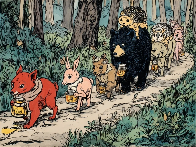 Animals Procession Through Misty Woods Illustration