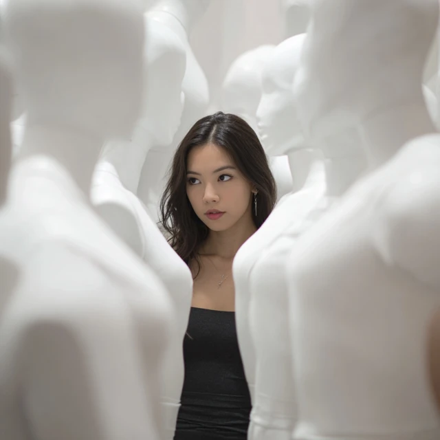 Asian Woman Surrounded by Mannequins