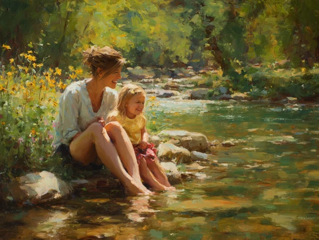 Mother and Daughter by the Creek - Golden Hour