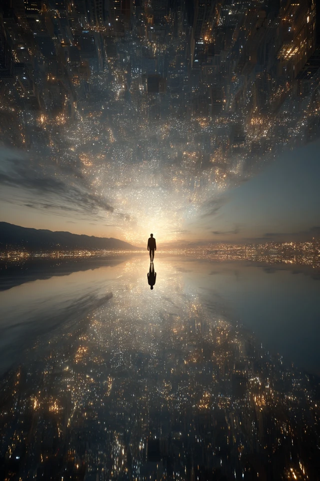 Dreamlike World Boy Floating Between City and Stars