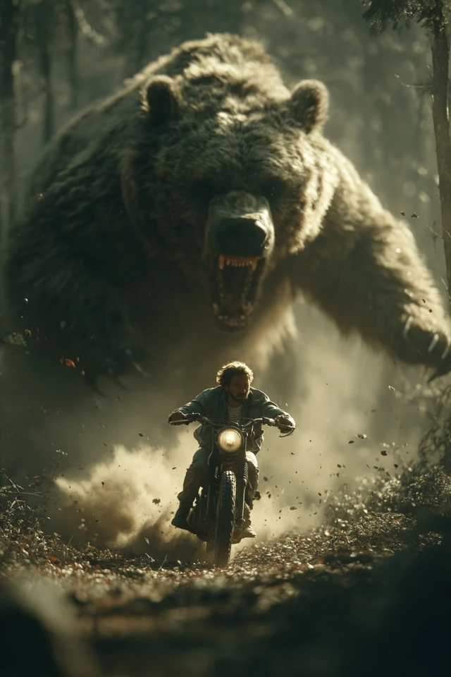 Man on Moped Escaping Bear in Forest