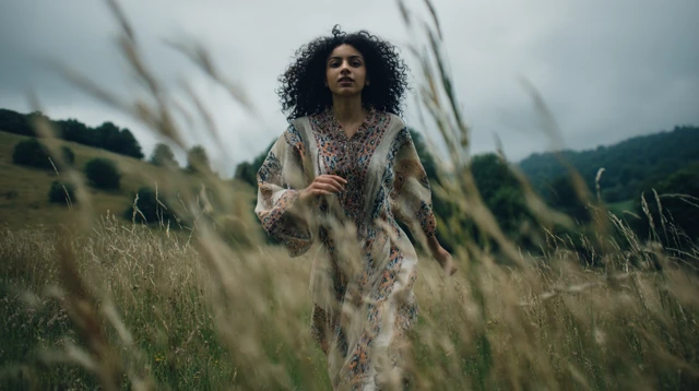 Uzbek Woman Running Through Meadow Cinematic Shot