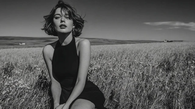 Beautiful Girl in a Field Black and White Photo
