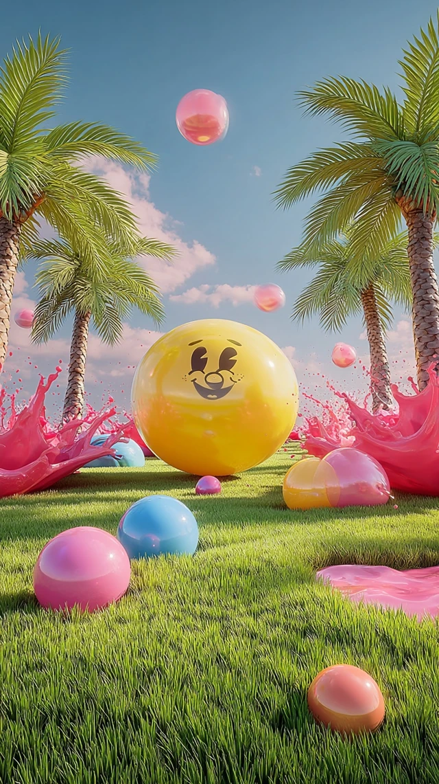 Surreal Summer Scene with Inflatable Sun and Beach Balls