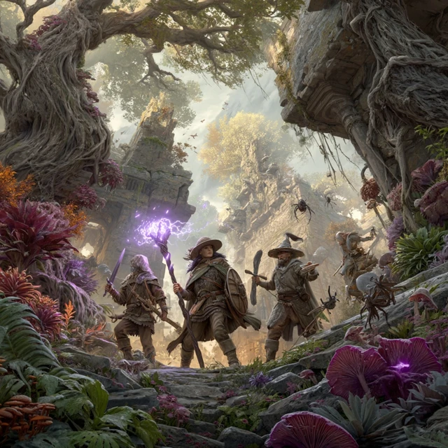 Fantasy Adventurers in Forest Ruins Battling Spiders