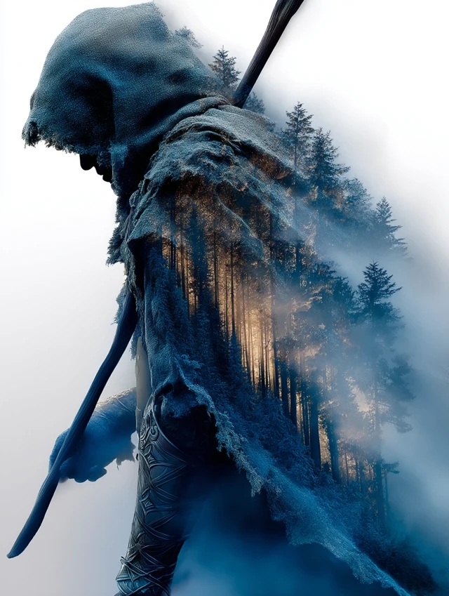 Guardian in Forest Cloak Ethereal Silhouette