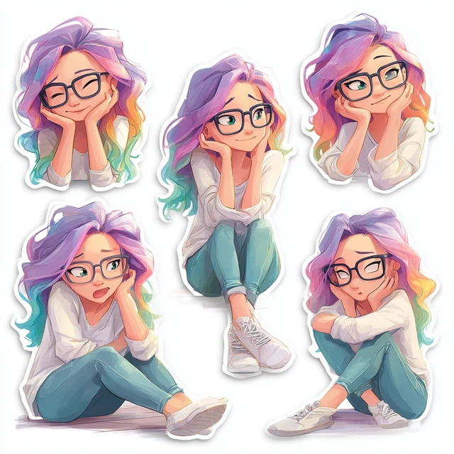Cute Girl Stickers Colorful Hair and Glasses