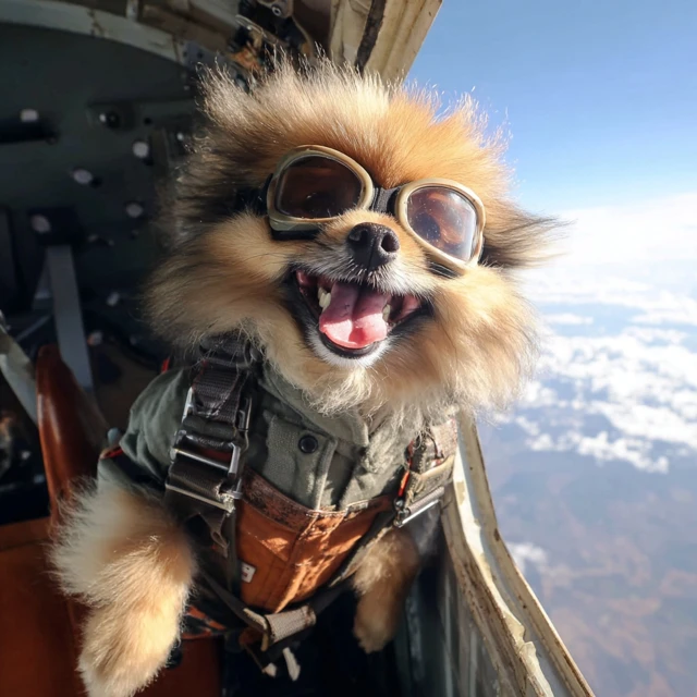 Pomeranian Dog in Aviator Glasses Skydiving