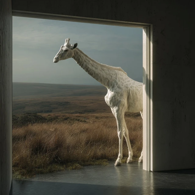 Hyperrealistic White Giraffe at Boundary Between Room and Savannah