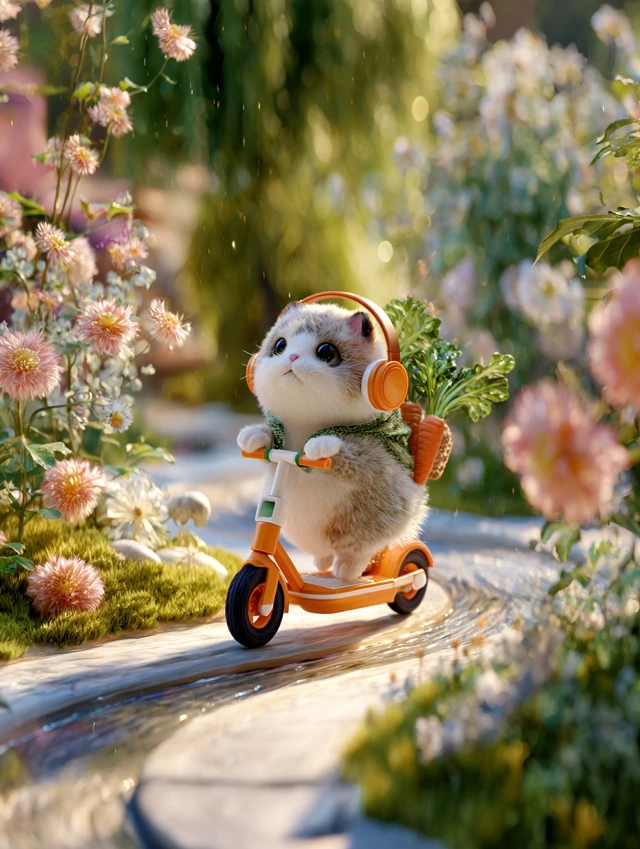 Cute Cat on Scooter With Veggies in a Blooming Garden