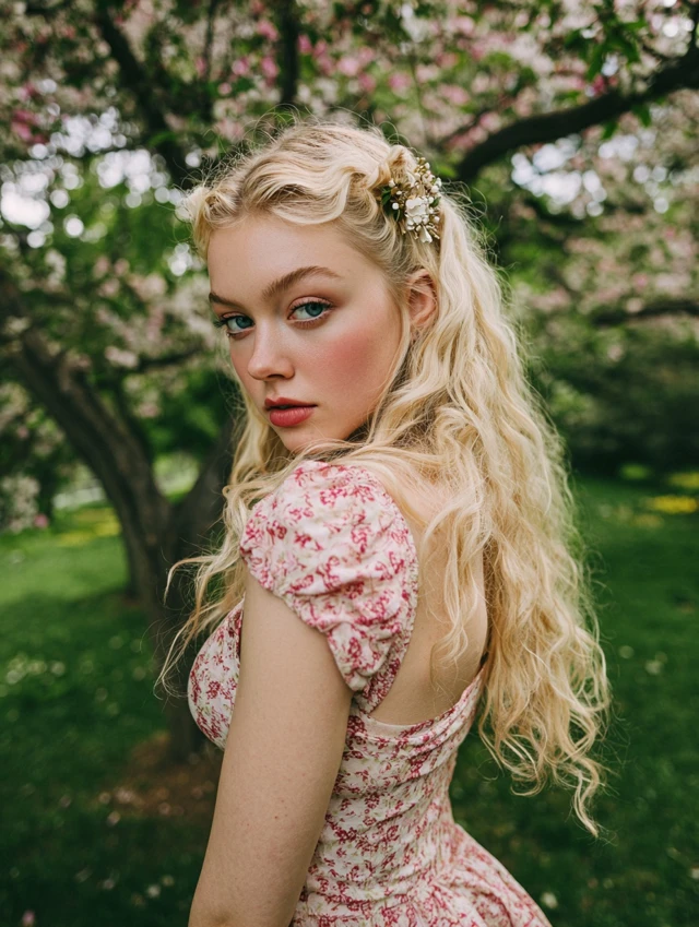 Blonde Model in Spring Park Floral Portrait