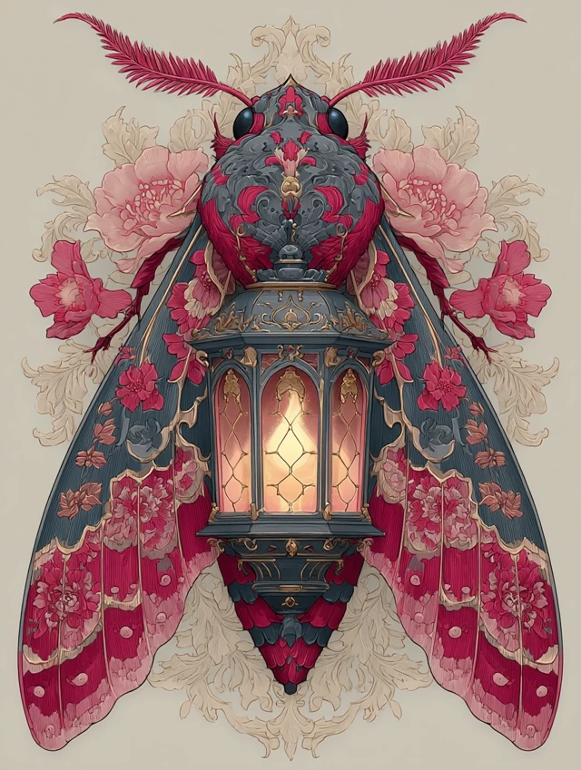 Gothic Moth and Lantern Tattoo Flash Art