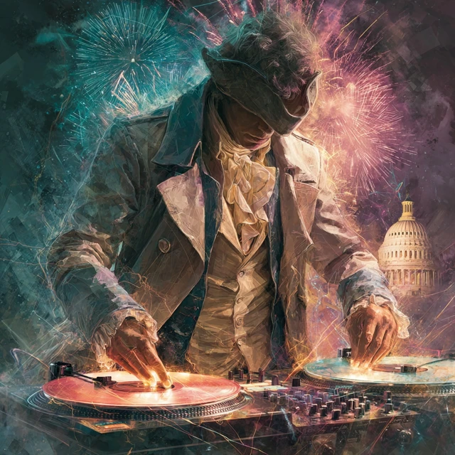 Patriotic DJ Spinning Vinyl with Fireworks Capitol