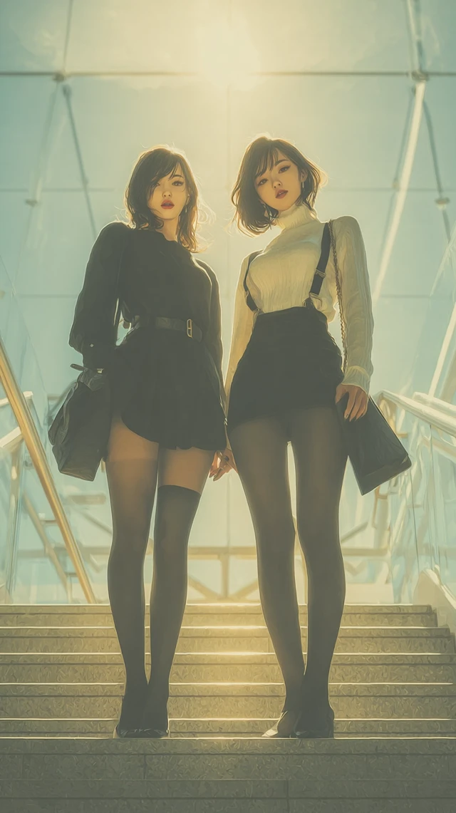 Two Chinese Girls on Stairs Fashion Portrait