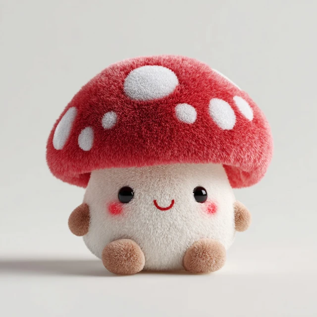 Cute Kawaii Plush Mushroom Red Cap White Spots 4K