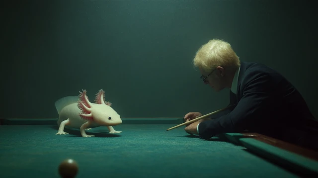 Axolotl Playing Pool with a Man