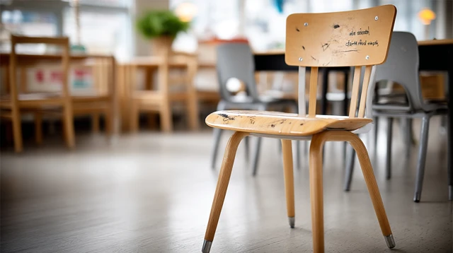 Childs School Chair with Scratches and Classroom Lights
