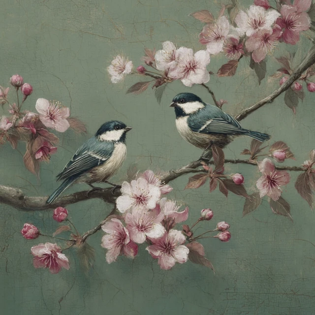 Birds and Cherry Blossoms Serene Artistic Painting