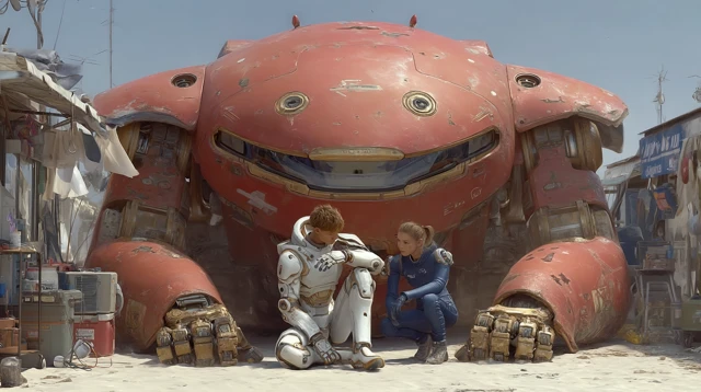 Mecha Repair Team Cinematic Concept Art 3D Render