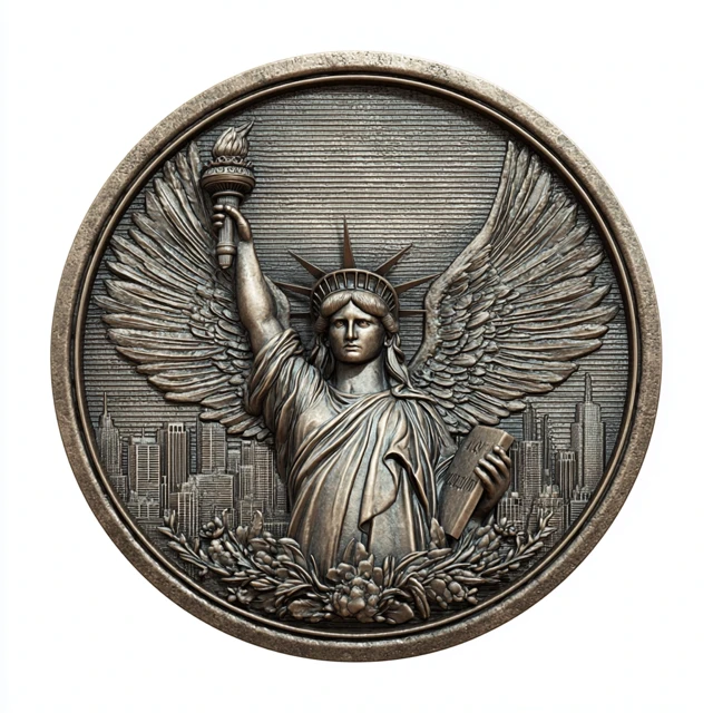 Statue of Liberty Emblem in Circle Metal Texture