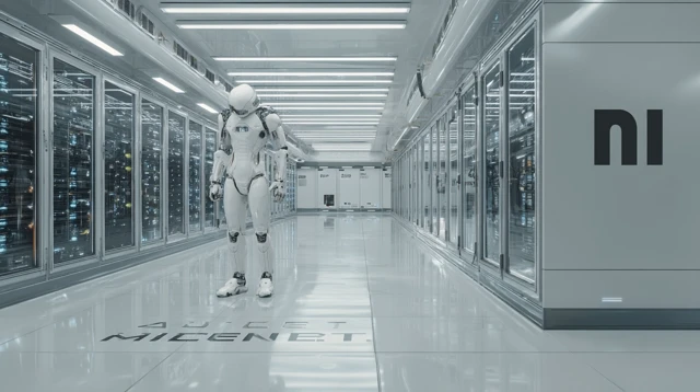 AI Android Journalist in Futuristic Server Room