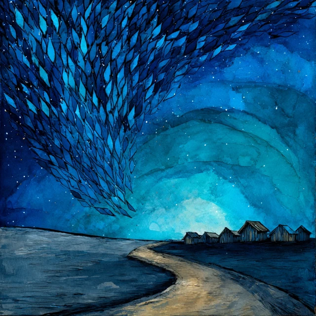Escher Inspired Painting Fish Starry Sky Road