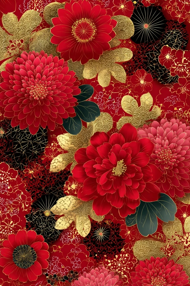 Japanese New Year Floral Pattern Gold and Red