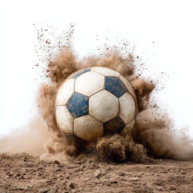 Soccer Ball Smashing Through Dust on White