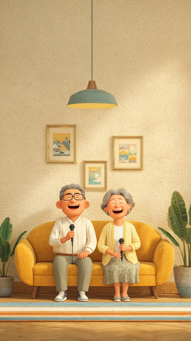 Joyful Grandparents Singing in Cozy Living Room