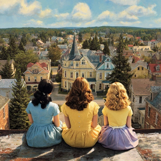 1940s Girls on a Rooftop Overlooking Town